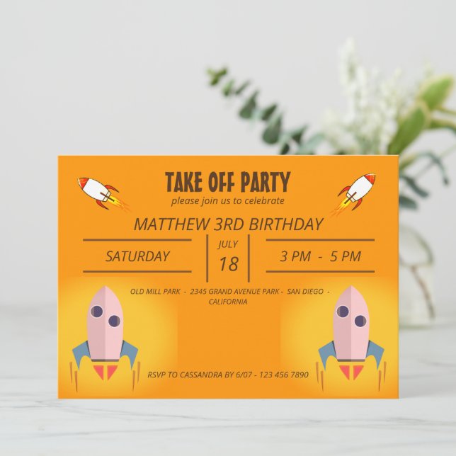 Invitación Guay Naranja lancha espacial despegada fiesta de c (Anverso de pie)