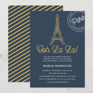 Invitación Guay Navy Blue Gold Torre Eiffel Paris Quinceañera