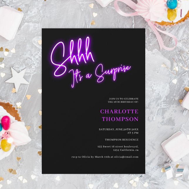 Invitación Guay neon morado retro sorpresa Sweet 16 (Subido por el creador)