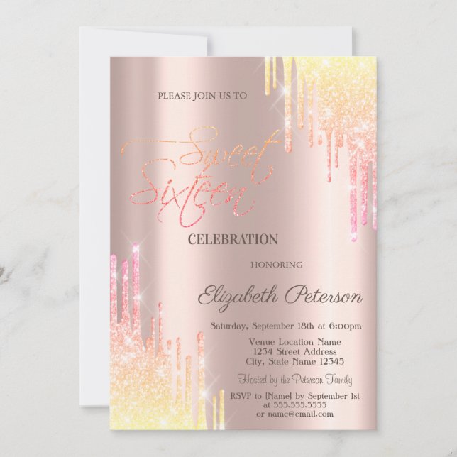 Invitación Guay Ombre Purpurina Drips Rosa Gold Sweet 16 (Anverso)