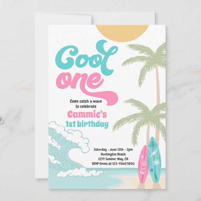 Invitación Guay One Retro Surf Primer Fiesta de cumpleaños (Anverso)