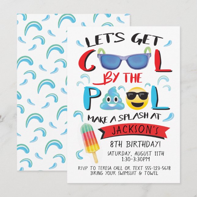 Invitación Guay por la fiesta de cumpleaños de Pool Emoji Boy (Anverso / Reverso)
