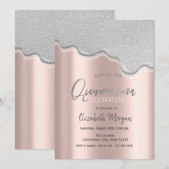 Invitación Guay Purpurina Drips Rosa Gold Quinceañera (Anverso / Reverso)