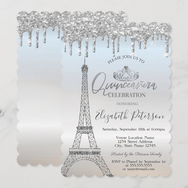 Invitación Guay Purpurina Torre Eiffel, Dris Plata Quinceañer (Anverso / Reverso)