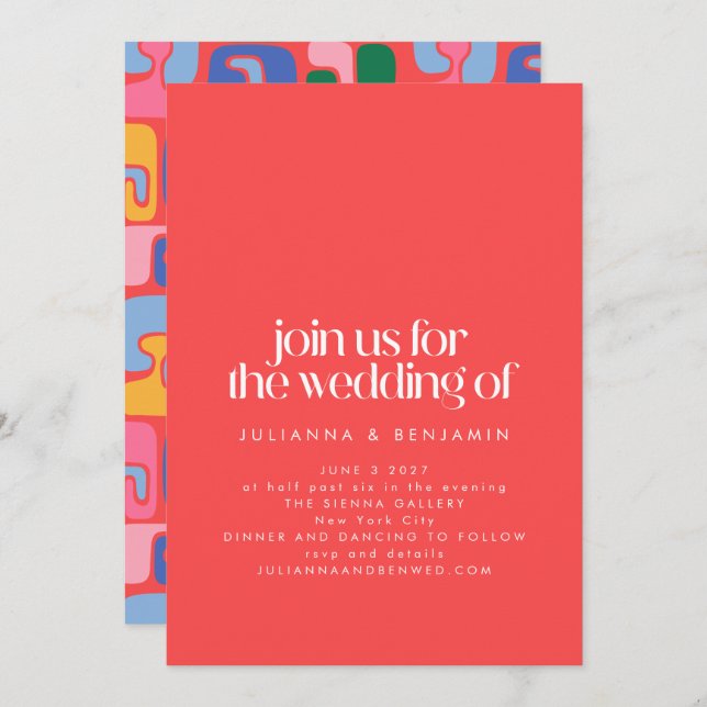 Invitación Guay Retro Rojo Brillante Abstract Shapes Art Boda (Anverso / Reverso)