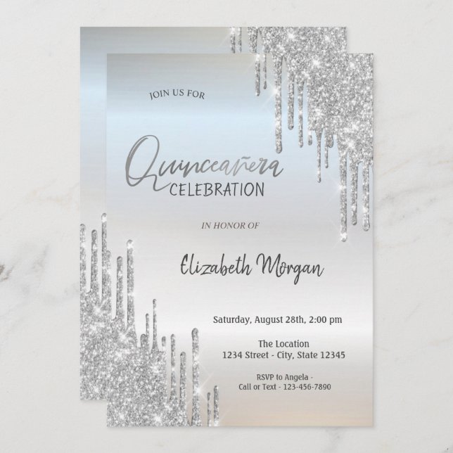 Invitación Guay Silver Purpurina Drips Quinceañera (Anverso / Reverso)