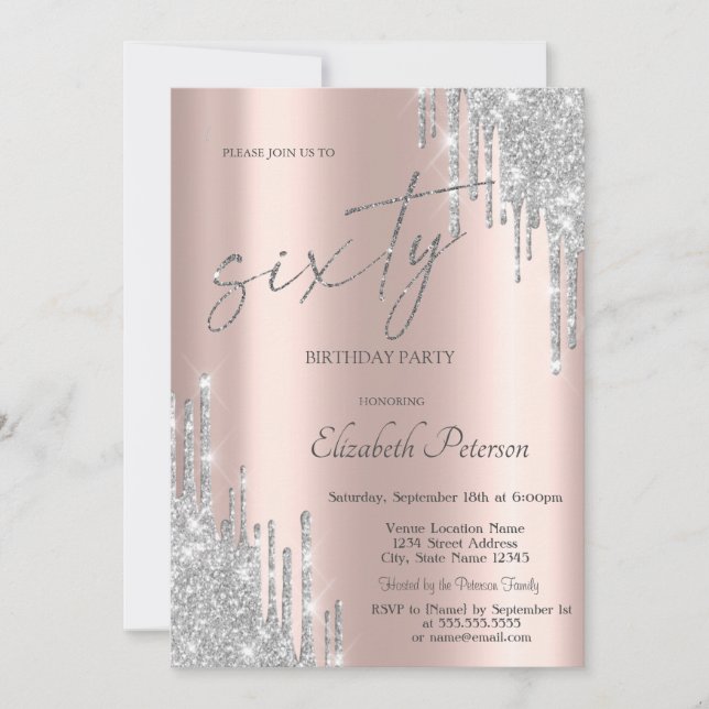 Invitación Guay Silver Purpurina Drips Rosa Oro 60 cumpleaños (Anverso)