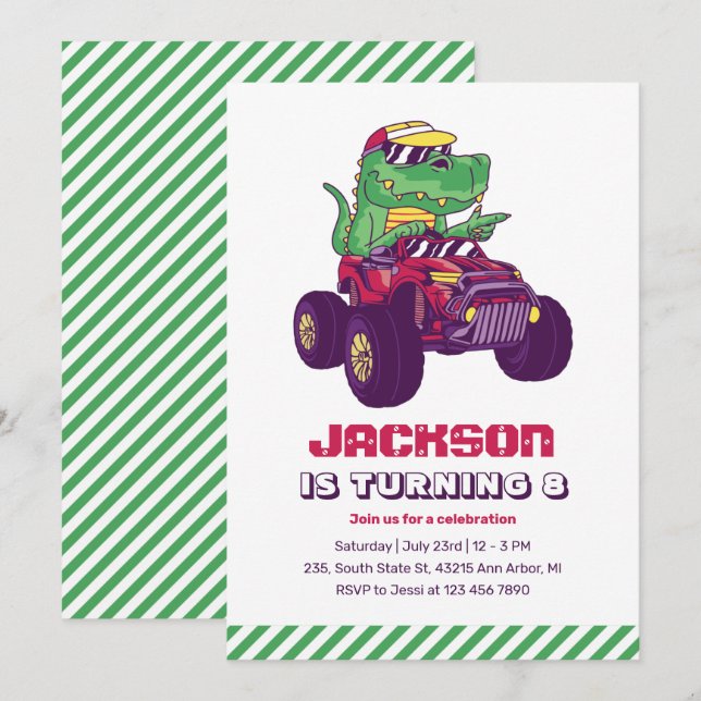 Invitación Guay T-Rex Monster Truck Dinosaur Kids Cumpleaños (Anverso / Reverso)
