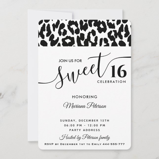 Invitación Guay Trendy dulce de leopardo blanco negro 16 (Anverso)