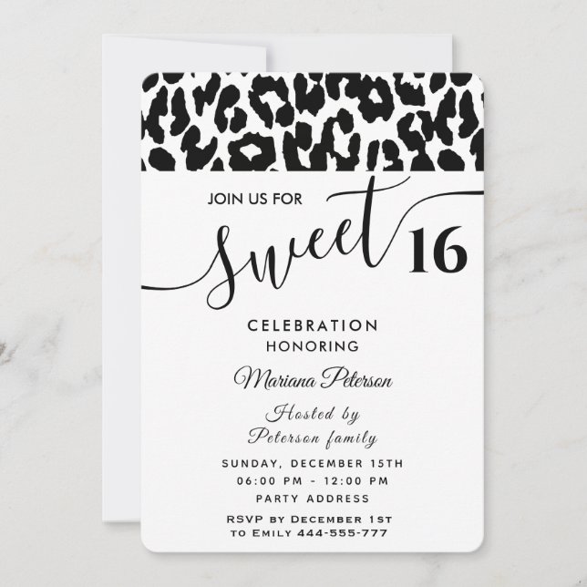 Invitación Guay Trendy dulce de leopardo blanco negro 16 (Anverso)