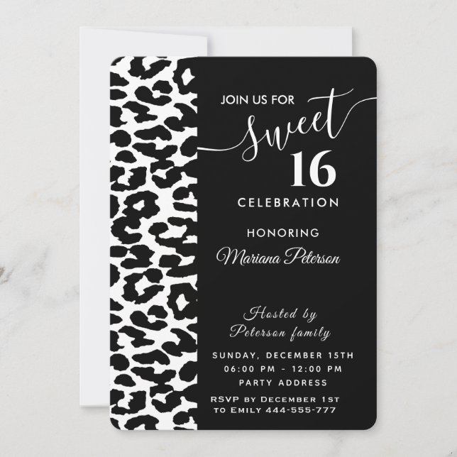 Invitación Guay Trendy dulce de leopardo blanco negro 16 (Anverso)