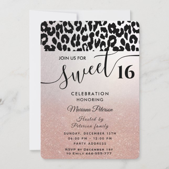 Invitación Guay Trendy rosa oro sombrío leopardo dulce 16 (Anverso)
