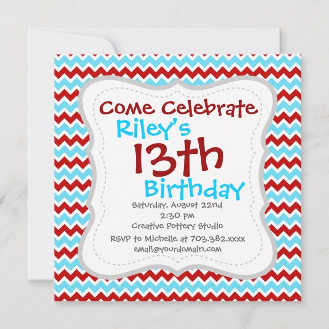 Invitación Guay Trendy Verde azulada Turquoise Red Chevron Zi (Anverso)