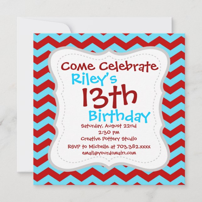 Invitación Guay Trendy Verde azulada Turquoise Red Chevron Zi (Anverso)