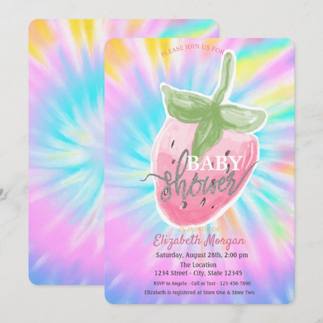 Invitación Guay Watercolor Strawberry Tie Dye Baby Shower (Anverso / Reverso)