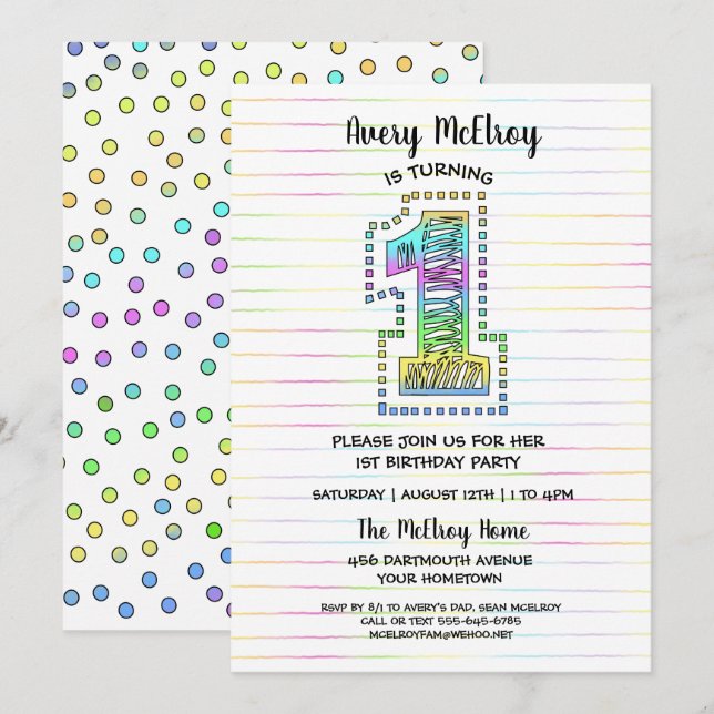 Invitación Guay Whimsical Fun 1er cumpleaños de fiesta (Anverso / Reverso)