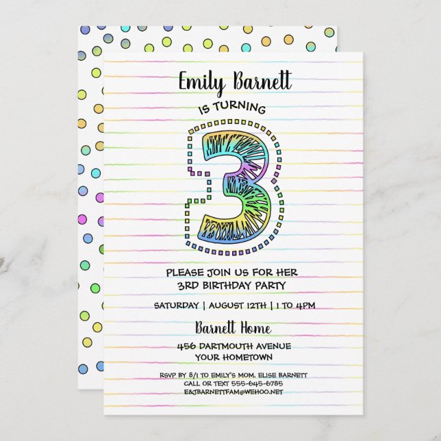 Invitación Guay Whimsical Fun 3er cumpleaños de fiesta (Anverso / Reverso)