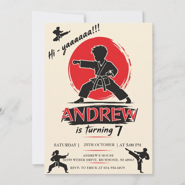 Invitación Guerrero de cumpleaños de karate personalizado  (Anverso)