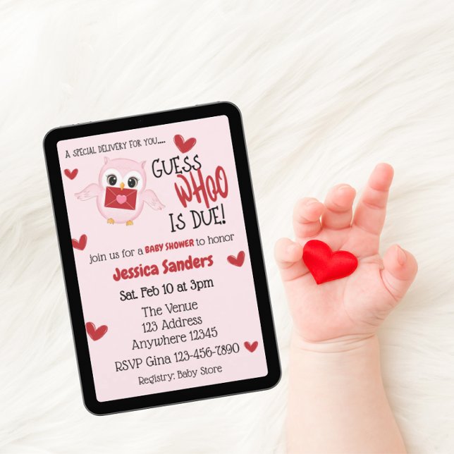 Invitación Guess Whoo is Due Red Hearts, Pink Owl Baby Shower (Subido por el creador)