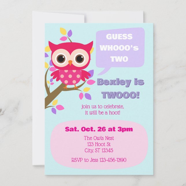 Invitación Guess Who's Two, Pink Owl 2nd Birthday (Anverso)