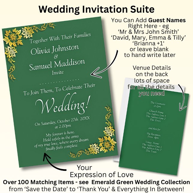 Invitación Guest Names, Emerald Green & Gold Wedding  (Subido por el creador)