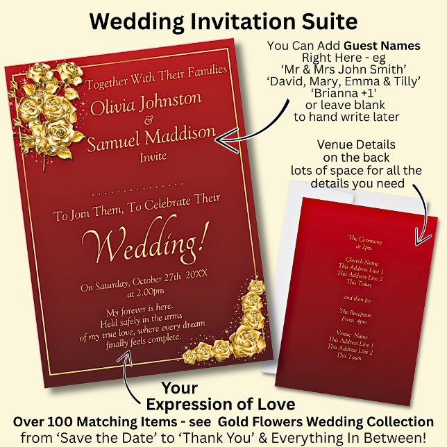 Invitación Guest Names, Gold Roses Maroon Red Wedding  (Subido por el creador)
