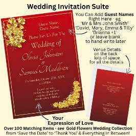 Invitación Guest Names, Gold Roses Maroon Red Wedding