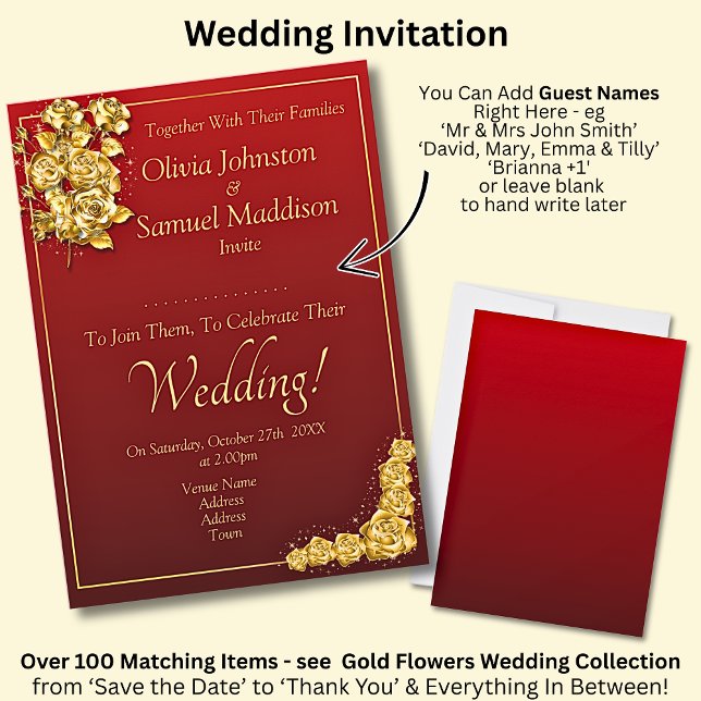Invitación Guest Names, Gold Roses Maroon Red Wedding  (Subido por el creador)