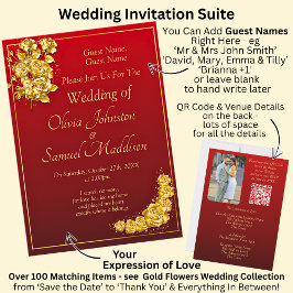 Invitación Guest Names, Gold Roses Maroon Red Wedding