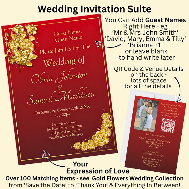 Invitación Guest Names, Gold Roses Maroon Red Wedding (Subido por el creador)