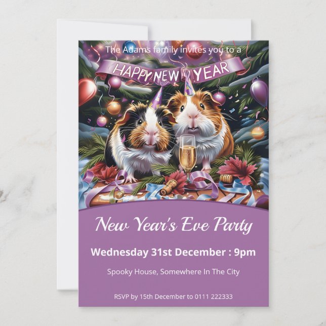 Invitación Guinea Cerdos Fiesta de Nochevieja (Anverso)