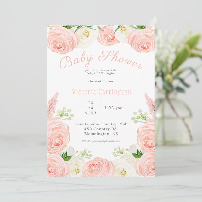 Invitación Guión acuarela Chica floral rosa Baby Shower (Anverso de pie)