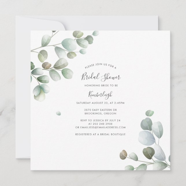 Invitación Guión acuático Elegante Eucalyptus Bridal Shower (Anverso)