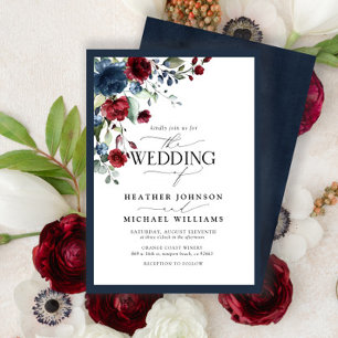 Invitación Guión acuático floral azul de borgoña de la marina