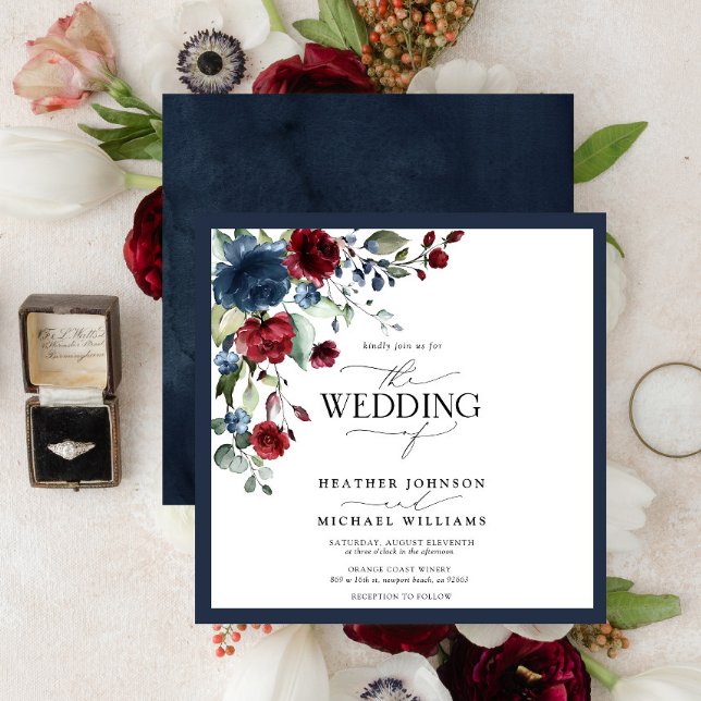 Invitación Guión acuático floral azul de borgoña de la marina (Subido por el creador)