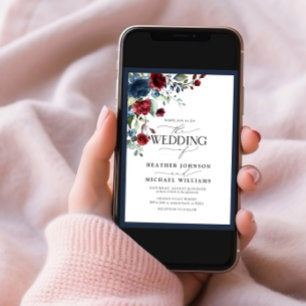 Invitación Guión acuático floral azul de borgoña de la marina