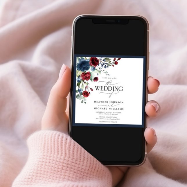 Invitación Guión acuático floral azul de borgoña de la marina (Subido por el creador)