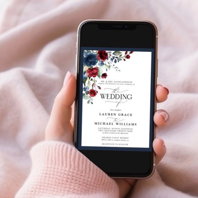 Invitación Guión acuático floral azul de borgoña de marina In (Subido por el creador)