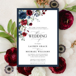 Invitación Guión acuático floral azul de borgoña de marina In