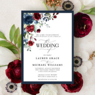 Invitación Guión acuático floral azul de borgoña de marina In
