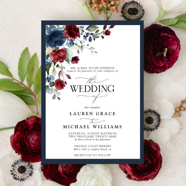 Invitación Guión acuático floral azul de borgoña de marina In (Subido por el creador)