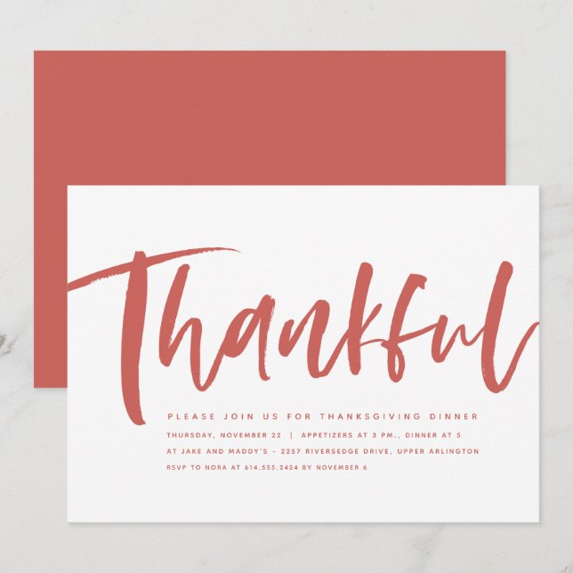 Invitación Guión agradecido naranja moderno Acción de Gracias (Anverso / Reverso)