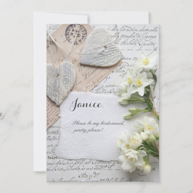 Invitación Guión antiguo con corazones y flores (Anverso)