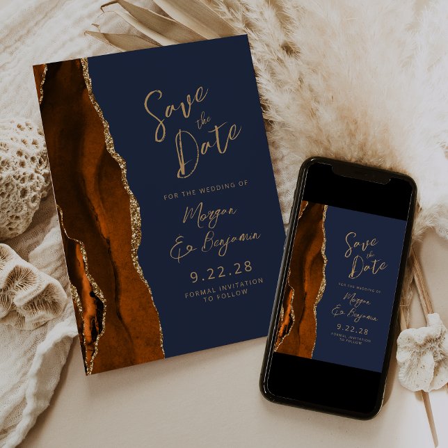 Invitación Guión azul de la Marina Agate Naranja quemado Guar (Subido por el creador)