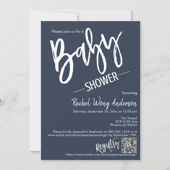 Invitación Guión azul de la marina simple Baby Shower QR Code (Anverso)