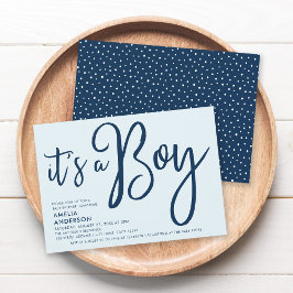 Invitación Guión azul de moda Es un niño Baby Shower