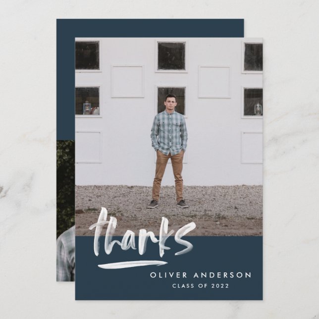 Invitación Guión azul marino de graduación 3 foto gracias (Anverso / Reverso)