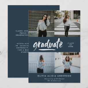 Invitación Guión azul marino moderno 4 foto graduación elegan