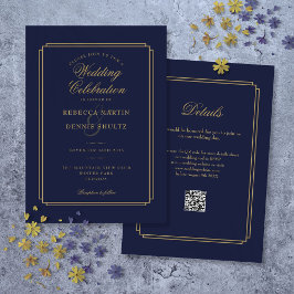 Invitación Guión azul marino y dorado Código QR Boda Art Deco
