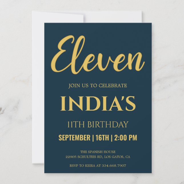 Invitación Guión azul marino y oro 11 cumpleaños (Anverso)